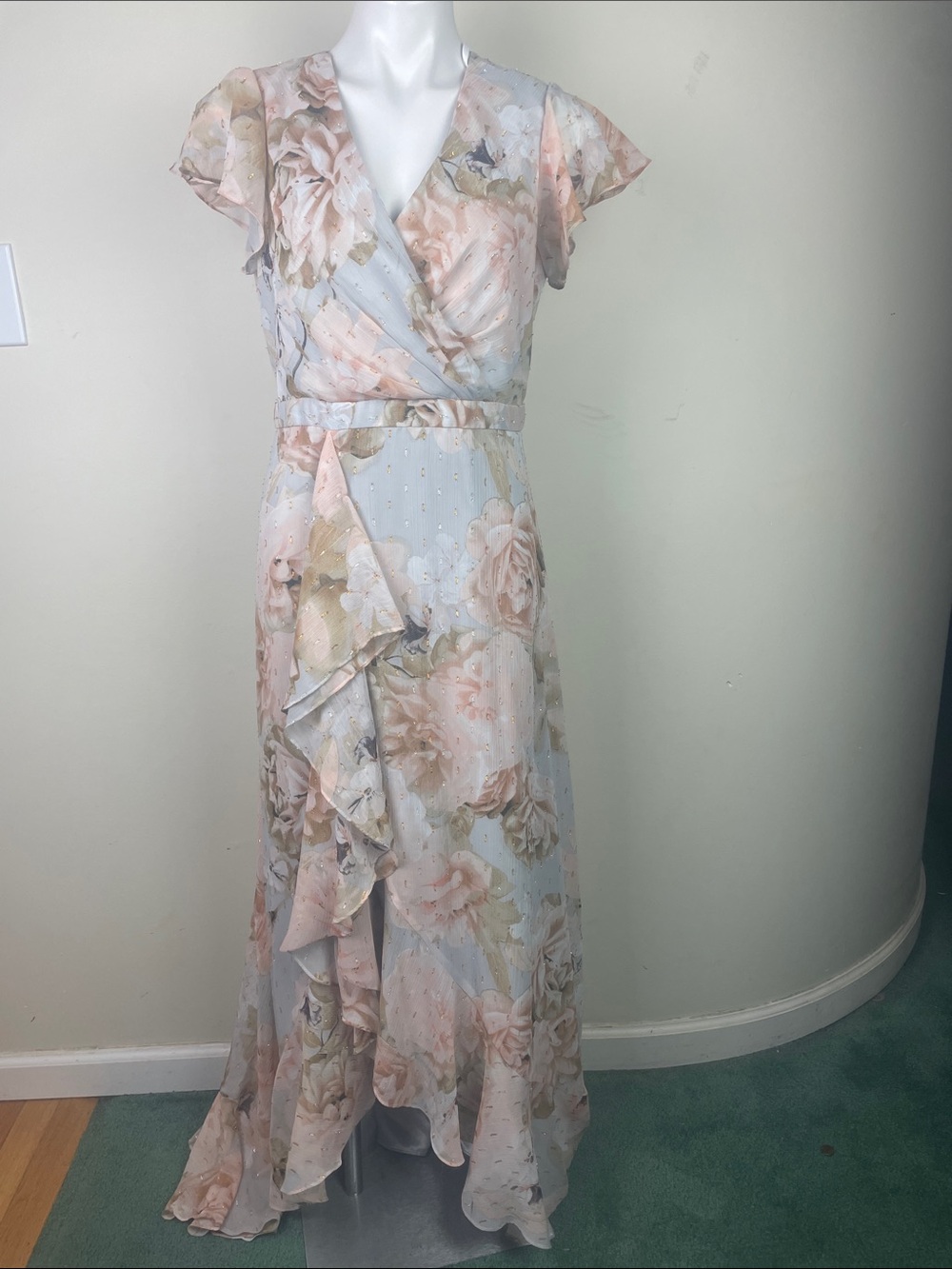 Calvin Klein Fluttery Maxi Faux Wrap Floral Ruffle Bottom